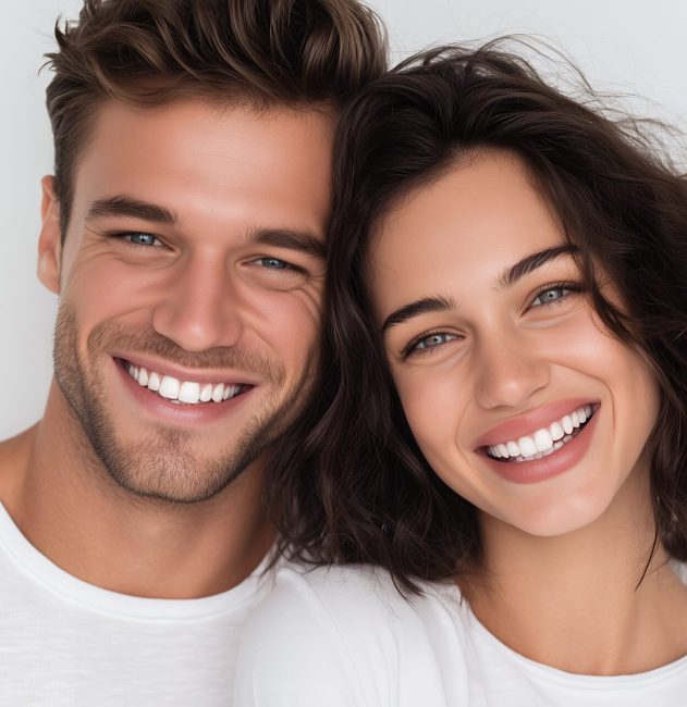 Happy couple smiling with perfect teeth looking at the camera, concept for dental care promotion, family portrait and cosmetic dentistry advertisement.