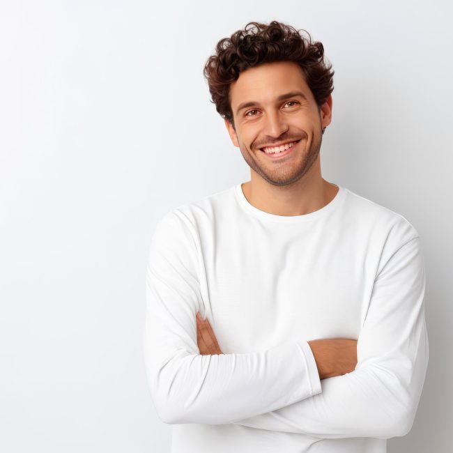 Young man smiling at camera, showing confidence and happiness on a white background